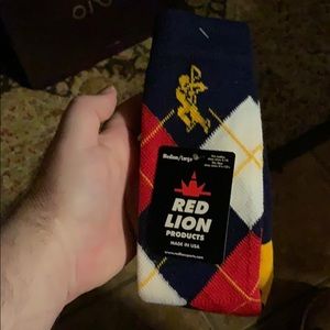 Navy blue and red and yellow argyle red lion socks Halloween costume